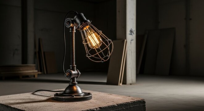 Industrial caged Edison bulb table lamp with adjustable metal arm and vintage design elements.