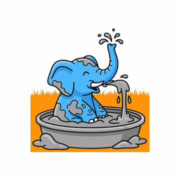 Happy blue elephant enjoying a mud bath and splashing water.