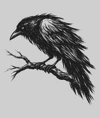 Obraz premium Detailed hand-drawn vector illustration of a mysterious black crow perched on a bare tree branch, rendered in a striking dark sketch style with expressive lines