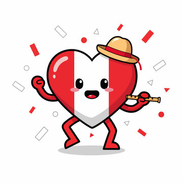 Peruvian Flag Heart Character Playing Flute.