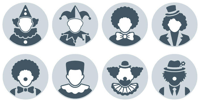 Collection of eight circular icons featuring different clown avatars with various costumes and hats.