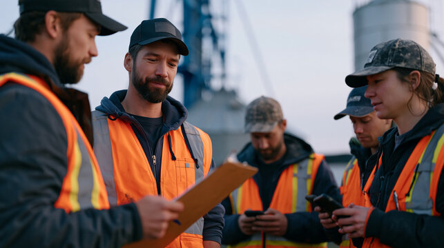Harvest prep crew leader distributing daily equipment assignments to workers gathered beside grain elevator before dawn mist lifts, clipboard in hand, seasonal laborers in worn hats checking phones 