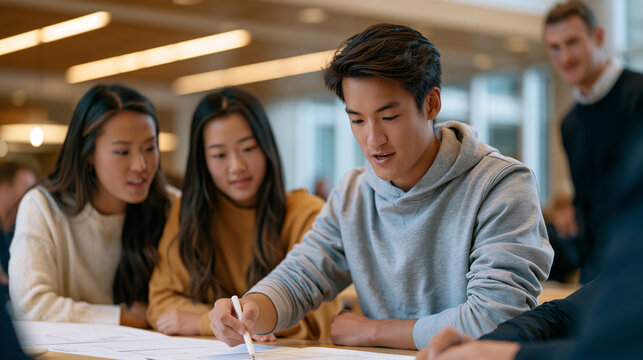 Group of college-age beta testers clustered around a low-fidelity app mockup printed on paper, reactions captured mid-discussion in a campus food court, one tester crossing out a navigation label wh