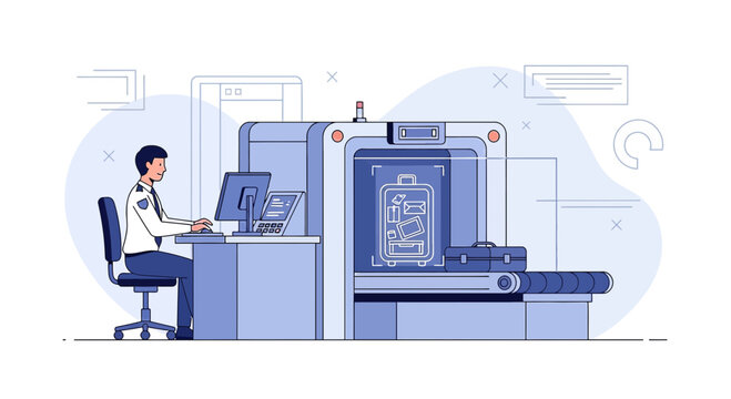 Airport security at X-ray scanner with passenger luggage and officer