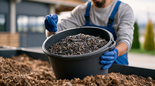 Insect protein farm worker harvesting black soldier fly larvae from composting bin into collection bucket, sustainable agriculture operation, protective gloves, modest outdoor facility, circular eco