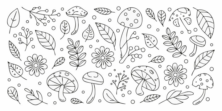 botanical mushroom leaf pattern in black and white