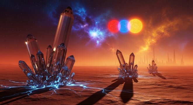 A surreal landscape with crystal-like structures and glowing orbs in the sky, set against a fiery orange and blue gradient background.