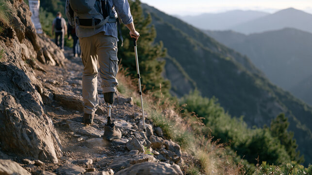 Veteran hiking steep mountain switchback trail at sunrise, prosthetic leg visible below rolled cargo pants, moisture rising from rain soaked trail stones, other rehabilitation group participants vis