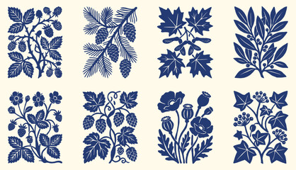 Linocut block print botanical icon set. blue monochrome plant stems, pine branches, maple leaves, berry vines. for rustic packaging prints, traditional stamp design. vector illustration. © ARTIST LAB