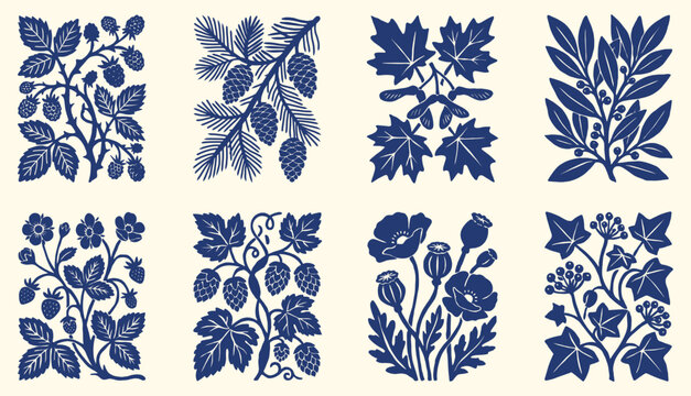 Linocut block print botanical icon set. blue monochrome plant stems, pine branches, maple leaves, berry vines. for rustic packaging prints, traditional stamp design. vector illustration.