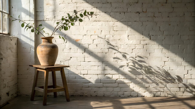 Minimalist clay vase with branch casting shadow on white brick wall, modern rustic interior decor, natural light composition, artistic still life and design background