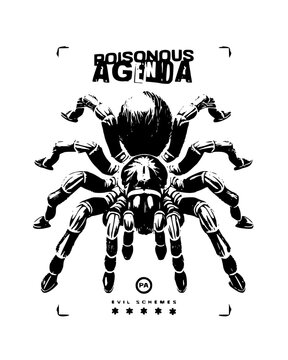Graphic illustration of a poisonous agenda tarantula spider with t shirt