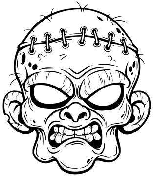 Scary zombie head illustration with stitched forehead scar in black and white