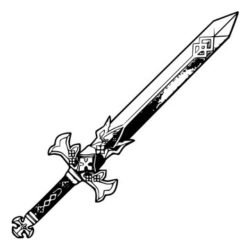 Ornate fantasy medieval broadsword graphic in clean black and white ink style