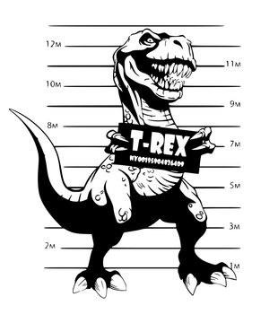 Ferocious t rex dinosaur police booking mugshot with height measurement scale