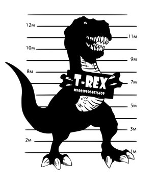 Funny tyrannosaurus rex police mugshot lineup with height chart background