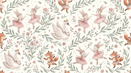 Obraz premium Adorable ballet bunnies, dancing foxes, and majestic swans adorn a charming floral pattern