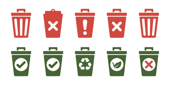 Trash can icons set, red and green warning and confirmation symbols, delete and accept vector illustration design.