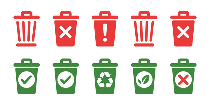 Trash can icons set, red and green warning and confirmation symbols, delete and accept vector illustration design.