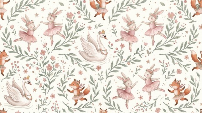 Adorable ballet bunnies, dancing foxes, and majestic swans adorn a charming floral pattern