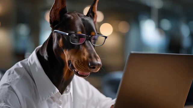 Focus on a Doberman Pinscher, dressed in professional attire