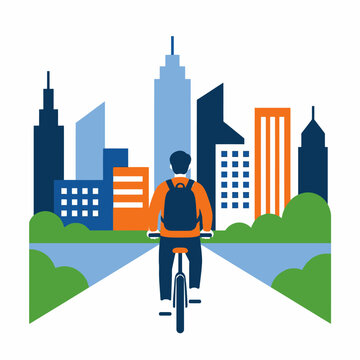 A student riding a bicycle with a backpack towards the city skyline.