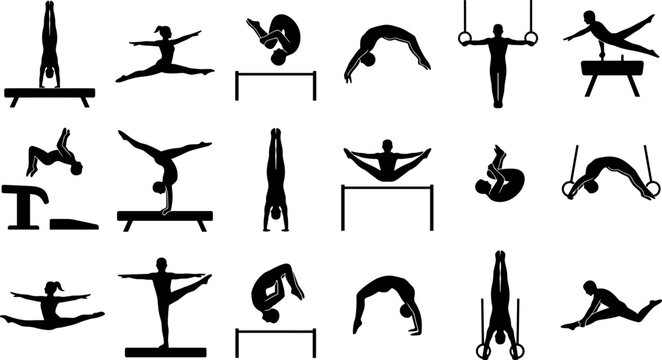 Gymnastics Silhouette Icon Set Featuring Balance Beam Pommel Horse Still Rings and Gymnasts for Sport Graphic Design ElementsGymnastics Silhouette Icon Set Featuring Balance Beam Pommel Horse Still Ri