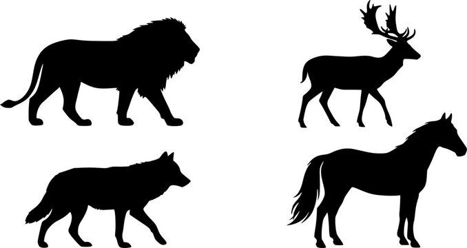 Wild Animals Side Profile Silhouette Vector Collection, Nature Wildlife and Forest Fauna Set