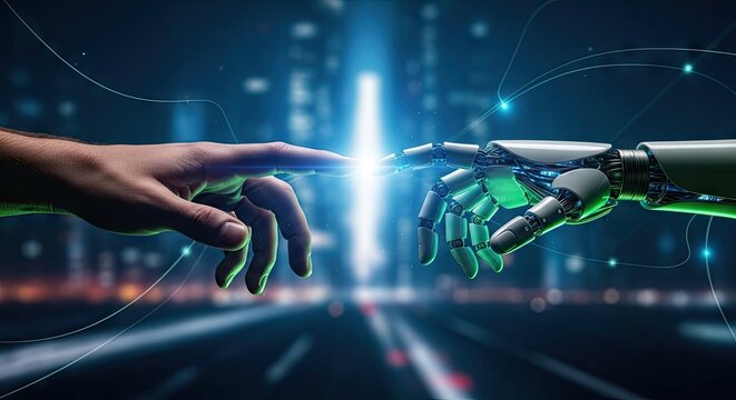A robotic hand touching a human hand against a futuristic cityscape background with glowing lights and lines.