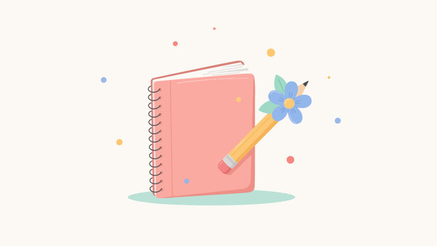 Pink spiral notebook with flower pencil illustration