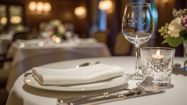 An inviting restaurant table setting displays a gleaming wine glass, a folded napkin resting on a plate, silverware poised, and a flickering candle within a crystal holder, creating a warm