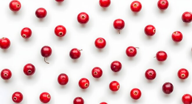 Cranberries are arranged in a precise pattern on a clean white background for a festive food display.