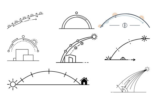 Professional Architectural Sun Path Diagram Vector &ndash; Solar Movement Linework for Design and Analysis