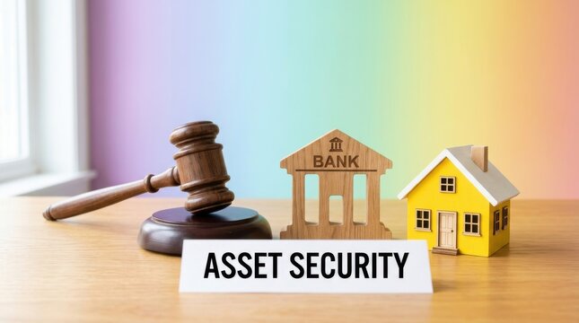 Asset security concept with judge gavel, bank building model and yellow house. Real estate law and financial protection, mortgage foreclosure auction.