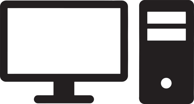 Black and white of a desktop computer, including a monitor screen and a tower case, isolated on a white background, also transparent background