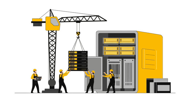 Data Center Infrastructure Construction Concept with Workers and Crane Lifting Server Racks Flat Vector Illustration