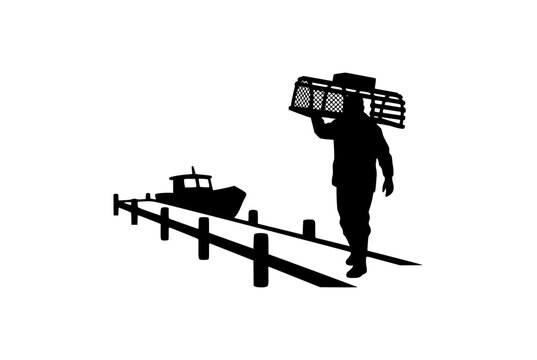 Silhouette of a fisherman carrying a lobster trap on a dock with a boat