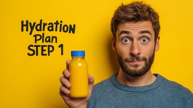 Man Holding Juice Bottle For Hydration Plan Step 1 Wellness Strategy Nutrition Planning And Healthy Habits