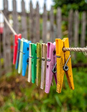 A row of multicolored clothespins on a rope against a blurred wooden fence background
