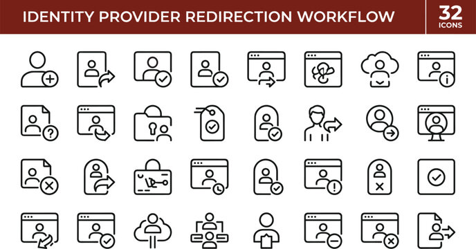Minimal vector icon set of identity provider redirection workflow access routing authentication and user verification symbols