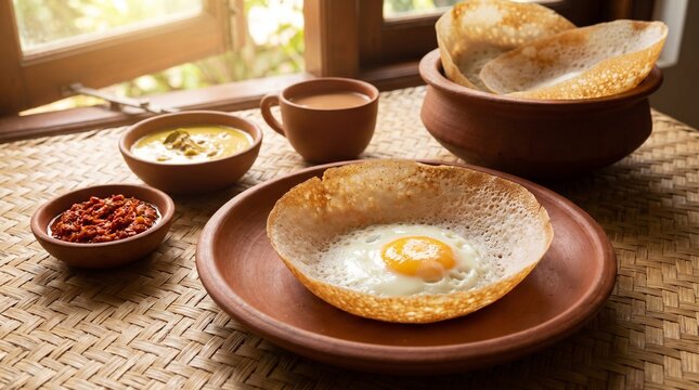 Traditional Sri Lankan Egg Hopper Breakfast with Lunu Miris and Curry