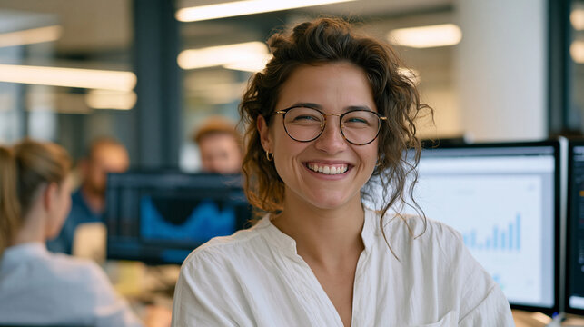 Candid unposed moment of a young female data analyst in an open plan office mid-laugh turning from a monitor showing charts, colleagues blurred in background, afternoon ambient workplace energy, tec