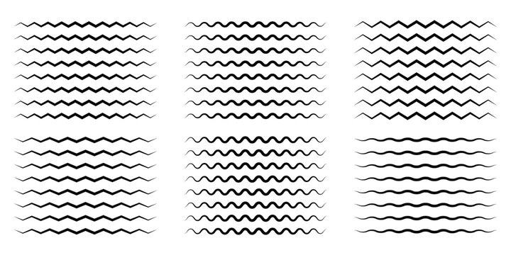 Wave line and wavy zigzag pattern lines. Vector black underlines, smooth end squiggly horizontal curvy squiggles isolated on white background. Vector illustration.eps,10