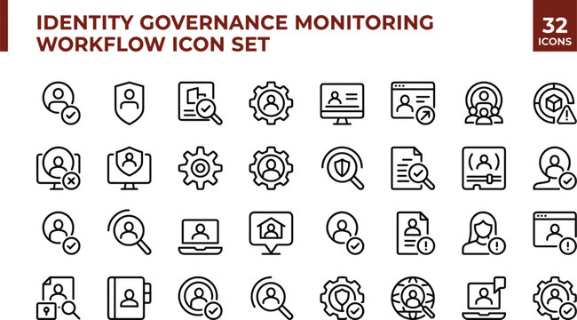 Minimal vector icon set of identity governance monitoring workflow user access review and security compliance symbols