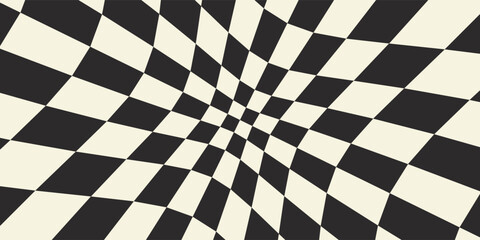 Obraz premium Trippy abstract wavy checkerboard black and white pattern. Optical illusion retro background, vector illustration