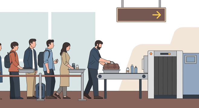 Airport security check line with x-ray scanner and travelers
