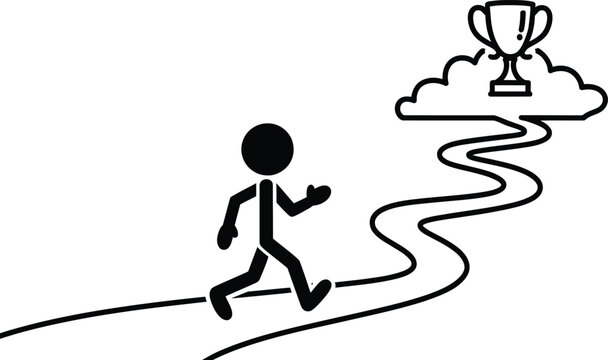 Black and white line art illustration of stick figure runner chasing trophy, motivation and success concept, simple minimalist design, vector graphics