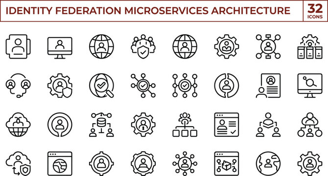 Minimal vector icon set of identity federation microservices architecture security access management and distributed authentication symbols