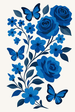 Beautiful Blue Rose Bouquet Graphic Design Elegant Royal Sapphire Flower Arrangement Navy Leaf Pattern Three Butterflies Botanical Wedding Invitation Greeting Card Poster Artwork
