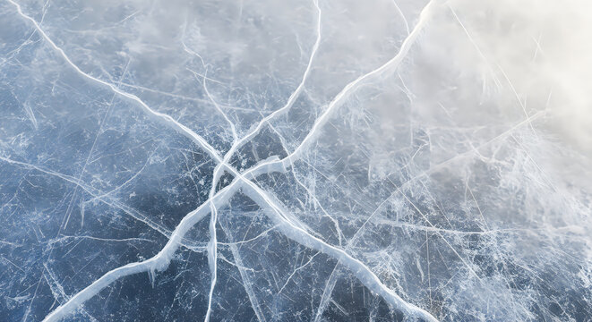 Closeup of cracked ice surface texture abstract winter background with deep fissures and scratches on frozen lake water, creating a complex web of white lines against a dark blue icy backdrop